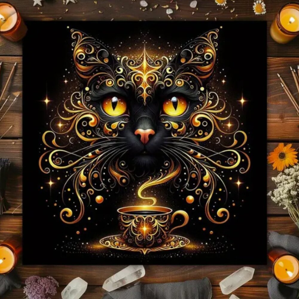 Mystical Cat with Teacup Tarot Reading Cloth Tapestry 29X29 NWT
